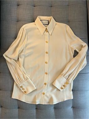 Gucci Cream Button-Up Silk Blouse with Gold Emblem Buttons